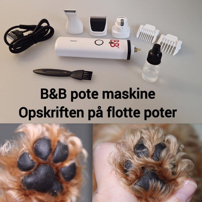 B&B Pote Klippemaskine 2i-1 & Elektrisk Neglefil alt indhold i pakken og billede af hundepoter før og efter billede