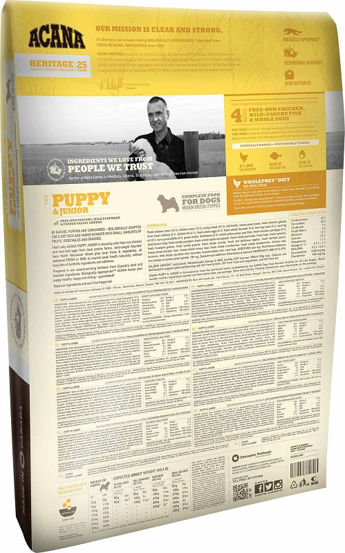ACANA Puppy Recipe 11,4 kg bagside af pose 