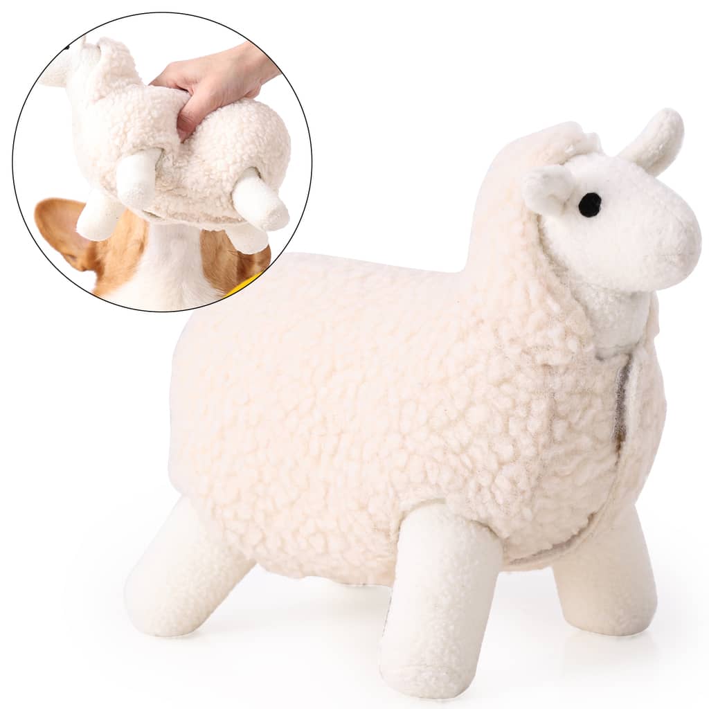 Aktivitetslegetøj til hund - Fåret Fie Hundebamse med lille billede i hjørnet der viser bamsens funktioner