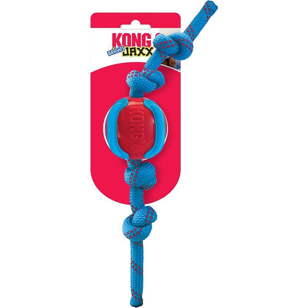 KONG Jaxx Bright Ball med reb i rød og blå med indpakning