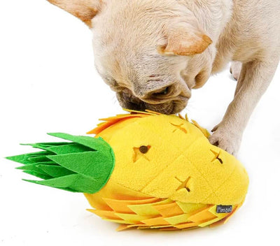 Aktiveringslegetøj ananas med fransk bulldog der snuser til godbidder